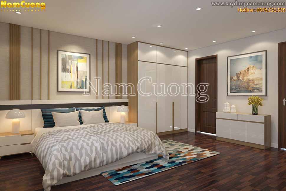 thiết kế phòng ngủ màu gỗ công nghiệp