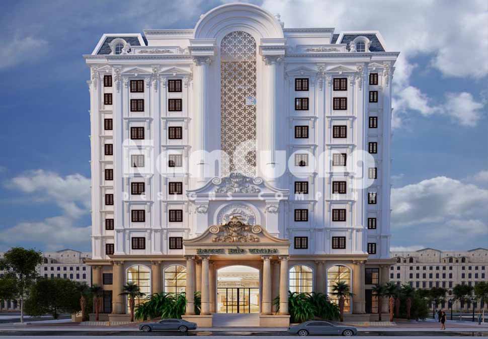 Phối cảnh mặt tiền khách sạn Bảo Trang 11 tầng theo phong kiến trúc Pháp tại Sài Gòn